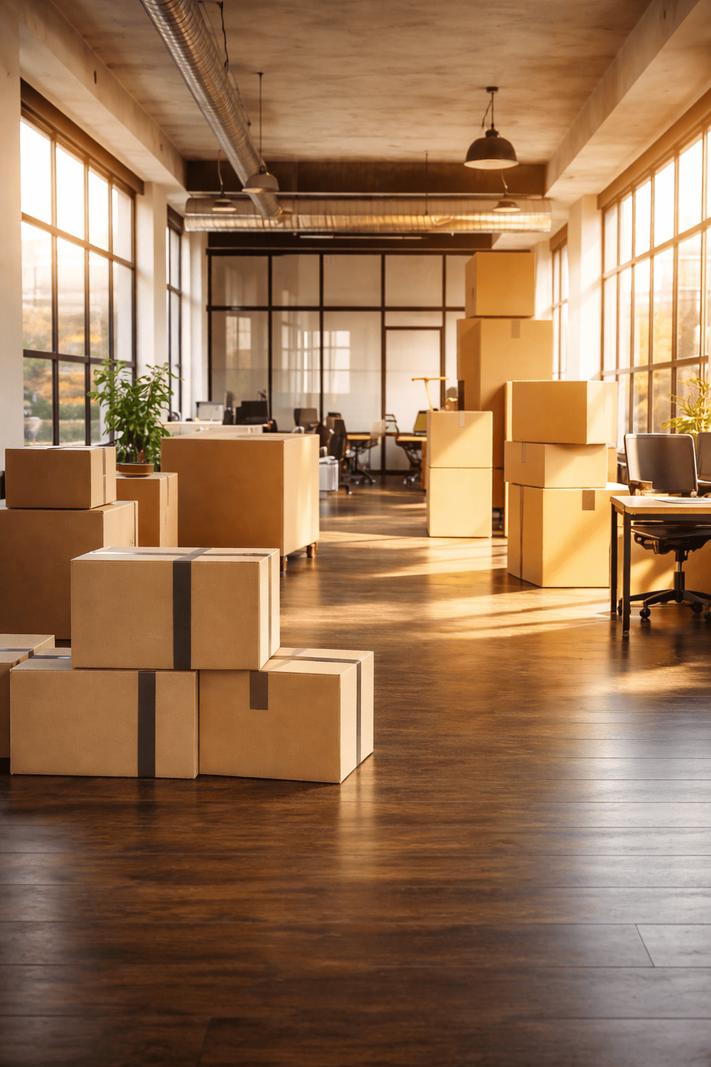 Sunlit office space prepared for a commercial move with organized boxes by Starbright Vanlines