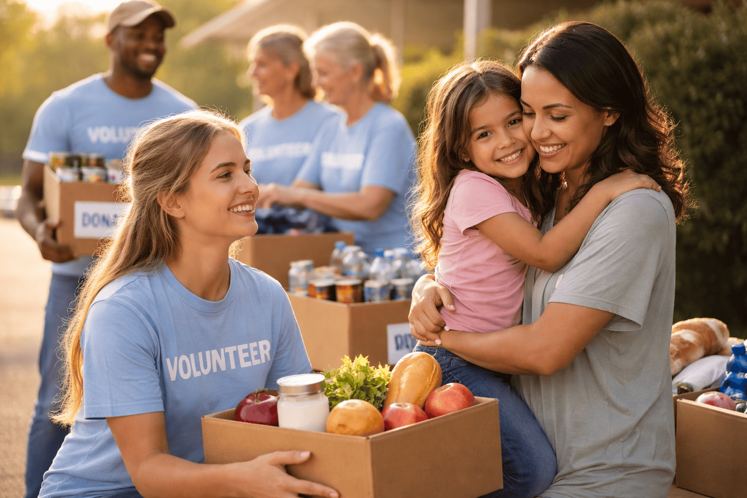 Community volunteers supporting a local family with donated groceries, reflecting Starbright Vanlines’ commitment to giving back
