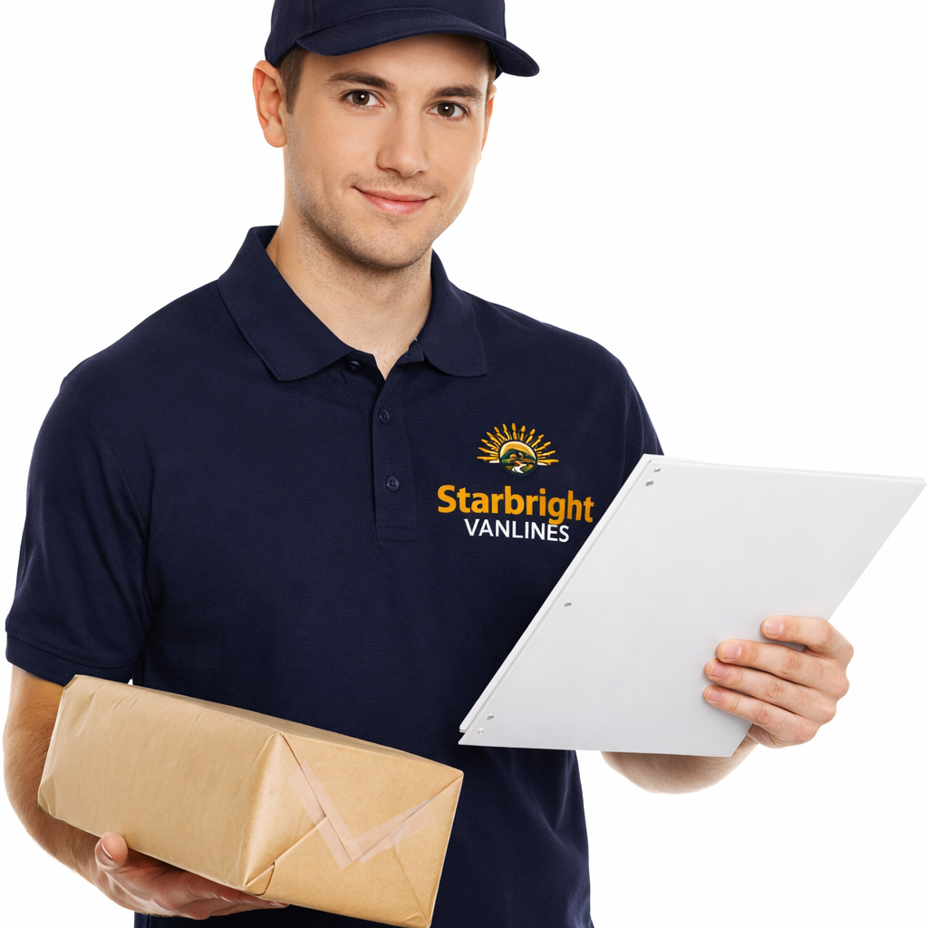Starbright Vanlines team member in branded navy uniform holding a package and clipboard
