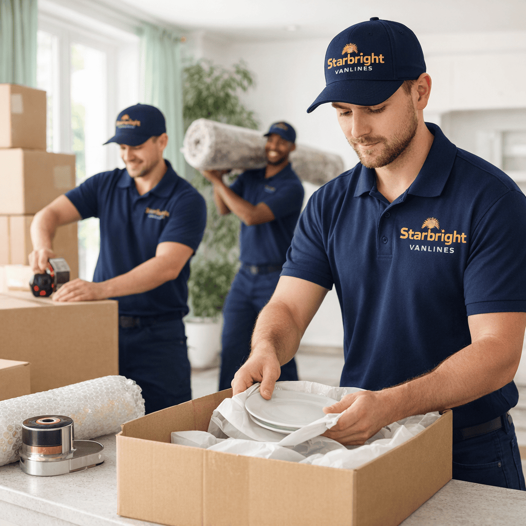 Professional Full Packing Services – Starbright Vanlines Starbright Vanlines movers providing full packing services in a bright, modern home