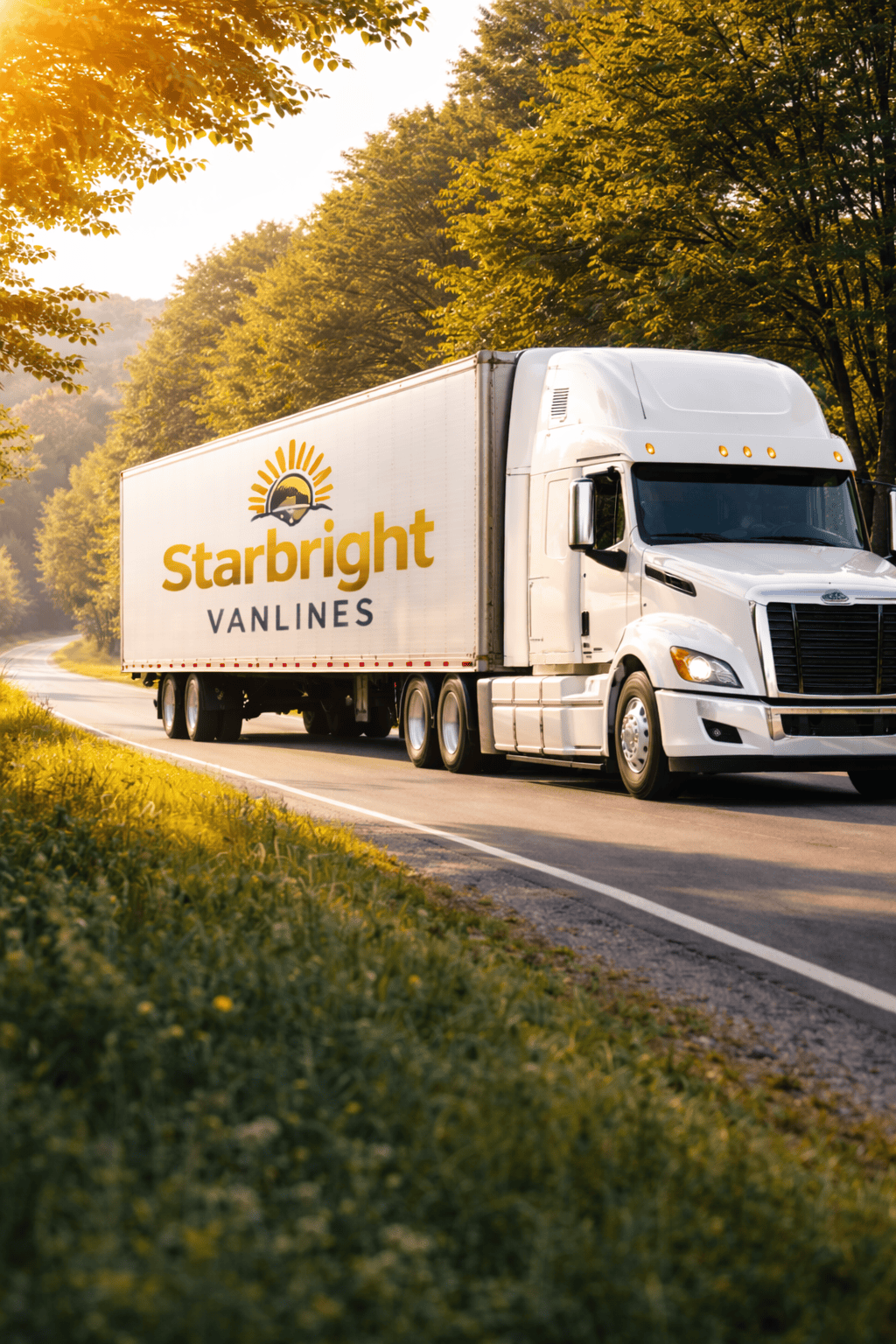 Starbright Vanlines moving truck driving down a scenic road during a professional relocation