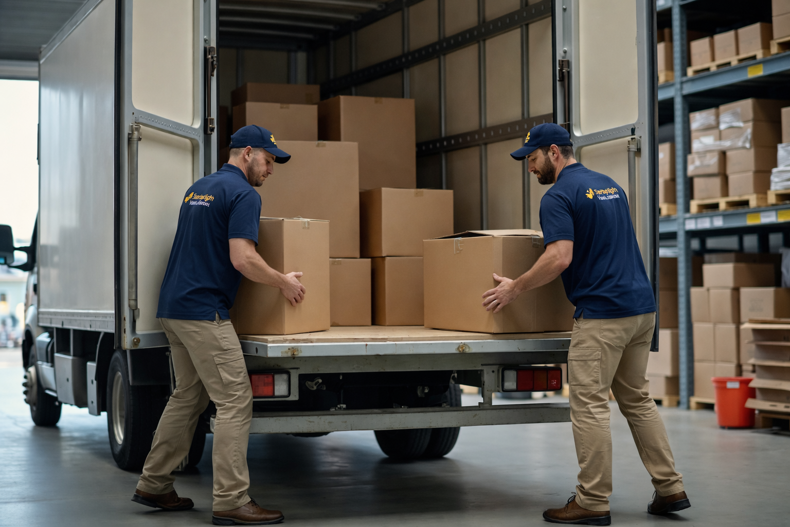 Starbright Vanlines Movers Loading Truck for Residential Move Professional Starbright Vanlines movers loading packed boxes into a moving truck inside a secure warehouse.