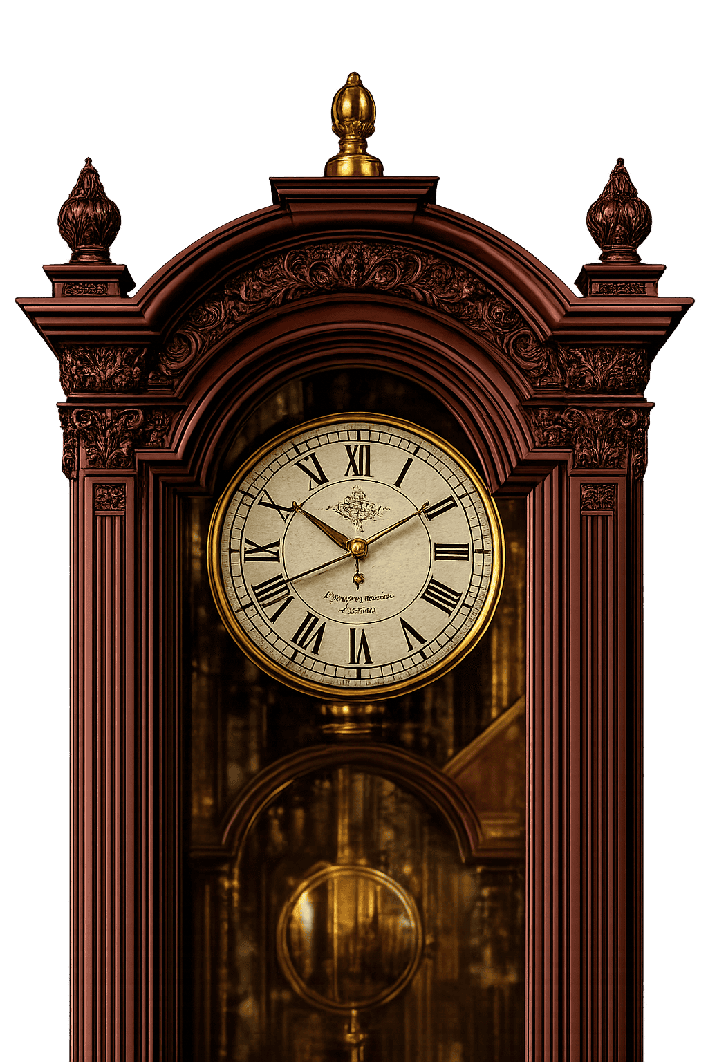 Ornate antique grandfather clock top representing careful specialty moving by Starbright Vanlines